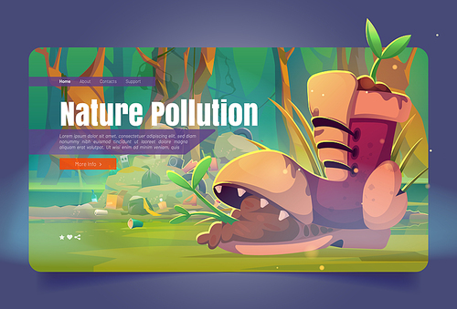Nature pollution cartoon landing page. Green sprout growing in old broken boot at forest with piles of garbage and polluted pond. Save Earth planet, waste contamination, vector concept, web banner