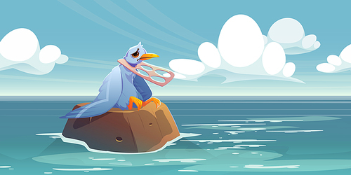 Nature pollution eco concept. Unhappy bird with plastic garbage on neck. Gull sitting on rock in sea trapped in garbage floating in ocean water. Save Earth and Wild animals Cartoon vector illustration