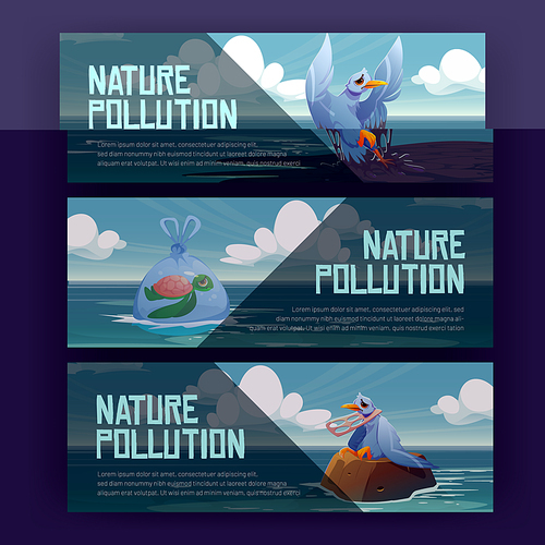 Nature pollution cartoon banners. Wild animals suffer of plastic garbage and oil in ocean and sea water. Gull and turtle stuck in trash and wastes. Ecology, environment contamination Vector concept