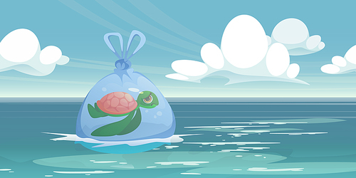 Sea turtle trapped in plastic bag floating on ocean water surface. Stop pollution, save nature, Earth planet and wild animals ecological World environment day concept, Cartoon vector illustration