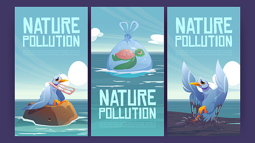 Nature pollution posters with plastic garbage, waste, and oil spill in sea. Vector banners of environment disaster with cartoon polluted ocean with petroleum slick, turtle in bag underwater