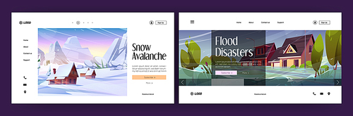 Banners of flood disaster and snow avalanche. Nature accidents, environment cataclysms landing pages. Vector cartoon illustrations of mountain with snowslide and inundation in city