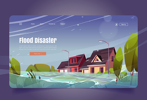 Flood disaster banner with water stream on street with houses at rainy weather. Vector landing page of nature cataclysm with cartoon illustration of inundation and storm in city