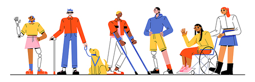 Diverse handicap people group, disability concept. Disabled character on wheelchair, man on crutches, woman with leg prosthesis, blind guy with stick and guide dog, Linear flat vector illustration