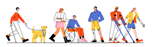 Group of multiracial people with different disabilities. Vector flat illustration of man in wheelchair, blind with guide dog, characters with prosthesis and person on crutches