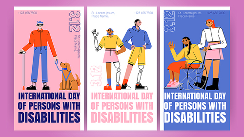 International day of persons with disabilities posters. Vector banners with flat illustration of girl in wheelchair, blind with guide dog, man and woman with prosthesis