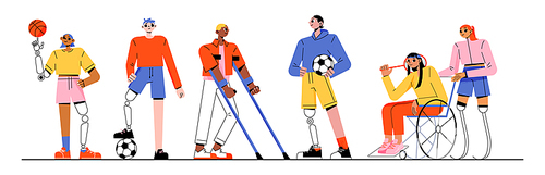 Sport people, paralympic athletes with different disabilities. Vector flat illustration of diverse active characters with prosthesis and in wheelchair with tennis racket, basketball and soccer balls