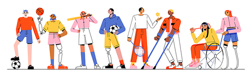 Paralympic disabled athletes, sport people with body injuries. Men and women on wheelchair, bionic leg or arm prosthesis. Young characters soccer, baseball, race, basketball players Flat vector set