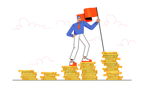 Man climbing on money stairs. Concept of financial goal achievement, success of business, career or investment. Vector flat illustration of businessman with flag on top of gold coins stack