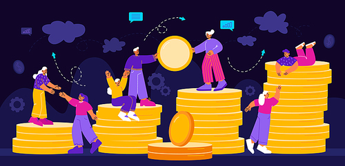Financial growth, savings, fundraising business concept. Tiny characters team work together, people help each other to climb on coin stacks. Partnership, money growth Linear flat vector illustration