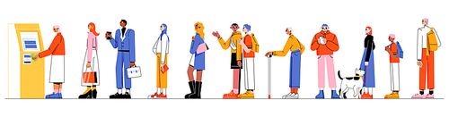 People at atm queue. Diverse characters stand in line waiting turn to draw or put money to automated teller machine. Clients terminal transaction, banking services. Linear flat vector illustration