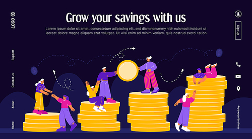Banner of savings growth, service for invest and save money. Vector landing page in night mode with flat illustration of people team climb on coin stacks together