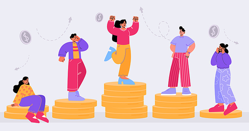 Salary gap, wage difference concept. Comparison of people income, pay for job. Vector flat illustration of rich and poor workers standing on high and low money stacks
