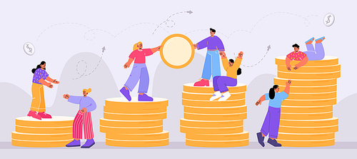 Financial growth, savings, fundraising, partnership, money growth business concept. Tiny characters team work together, people help each other to climb on coin stacks. Linear flat vector illustration