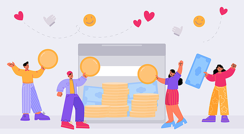 People donate money for charity in glass box. Vector flat illustration of happy women and men with coins and cash, sponsors of financial assistance or crowdfunding project