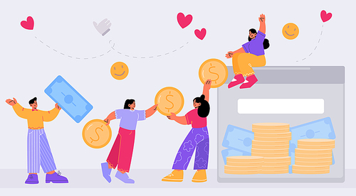 Crowdfunding, donation concept. Tiny people collect coins to huge box. Investor characters collecting money for startup business idea, charity, fundraising, deposit. Line art flat vector illustration