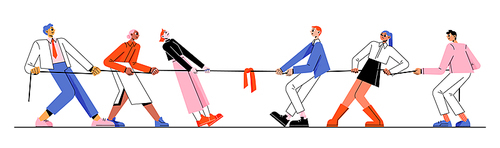 Tug of war competition, two teams pull rope. Active game for business teamwork, solution conflicts. Vector flat illustration of people groups play pulling rope, office contest