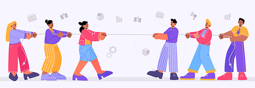 Gender team rivalry, men tug of war with women. Male and female business characters wrestling. Concept of feminism and patriarchy office fight battle for leadership, Line art flat vector illustration
