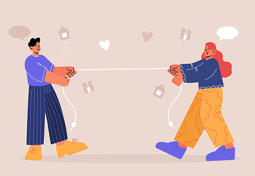 Tug of war competition between man and woman. Married couple pulls rope. Vector flat illustration of rivalry, conflict in family about household and relationships