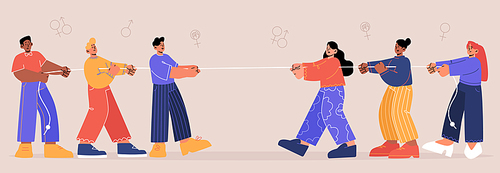 Tug of war competition between men and women teams. Concept of gender rivalry, conflict, sex equality. Vector flat illustration of groups of male and female persons pulling rope