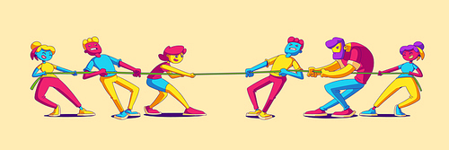 Business teams tug of war battle, opposite groups pull rope during competition or rivalry. Contemporary characters fighting for leadership, arguing, wrestling, Line art cartoon vector illustration