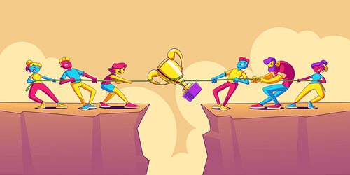 Tug of war competition contemporary cartoon. Vector illustration of rival teams pulling rope, working hard, fighting for trophy tied over rocky cliff. People on top of mountain playing risky game