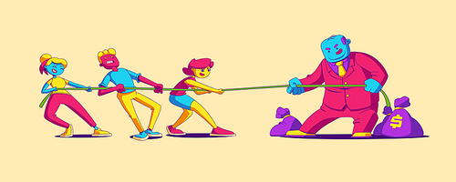 Tug of war competition of team with boss, capitalism, rivalry, challenge business concept. Contemporary characters pull rope with strong man with money sacks, Line art cartoon vector illustration