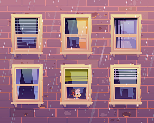Sad girl looks through window at rain outside. Building facade with brick wall and closed glass windows with curtains and blind. Vector cartoon illustration of house front and child inside apartment