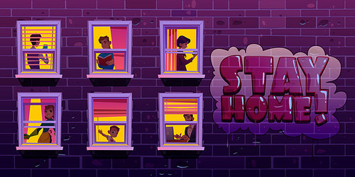 Stay home concept, people in windows during coronavirus pandemic isolation. Neighbors in their apartments spend time reading, using gadgets. Businessman, housewife, boy, Cartoon vector illustration