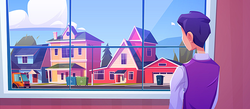 Lonely man stand at window rear view look on street with suburban cottages, recycling bins and garbage truck at summer day. Male character at home, loneliness, melancholy, Cartoon vector illustration
