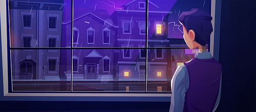 Man looking at window at rain on city street. Vector cartoon illustration of thunderstorm with lightning in town with houses, road and person standing inside home at rainy night
