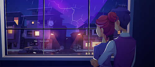 Young couple stand at window rear view looking on night ghetto street with old cracked buildings and broken cars under rain and lightning glow in dark sky, family at home Cartoon vector illustration