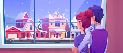 Couple looking at window at snowfall on city street. Vector cartoon illustration of man and girl standing in home and winter landscape outside with suburban houses, road and snow