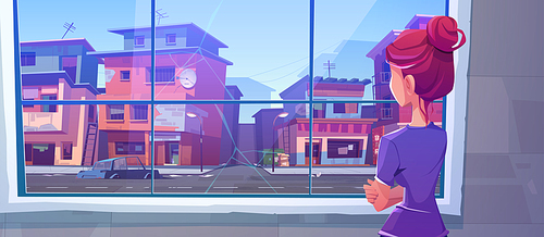 Lonely woman stand at cracked window rear view looking on ghetto street with old buildings and broken cars under blue sky, girl at home look on apocalypse cityscape, Cartoon vector illustration