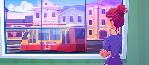 Girl looking at window at tram on city street outside. Vector cartoon illustration of urban landscape with tramway, road, houses and woman standing inside home