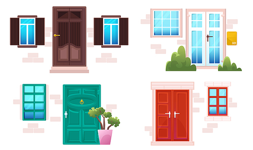 Cartoon doors and windows, house facades in modern or classic style. Wood and glass entries with stone doorjambs at brick wall. Cottage, hotel exterior architecture design Line art vector illustration