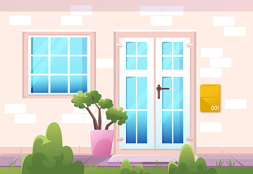House facade front view, home cottage building exterior of brick wall with plastic window, door, mailbox and potted plant at doorstep, tiled path and green lawn at yard, Line art vector illustration