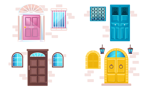 House facades with different doors and windows in brick wall. Vector cartoon set of wooden gates in classic style, lanterns and windows with glass, metal grate and shutters
