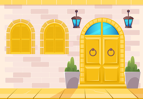 House facade front view, home cottage building classic design exterior, brick wall with shuttered arched windows, wooden yellow door with knock knobs and hanging lanterns, Cartoon vector illustration