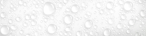 Condensation water drops on white horizontal background. Rain droplets with light reflection abstract wet texture, scattered pure aqua blobs pattern, backdrop, Realistic 3d vector footer or header