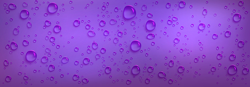 Clear water droplets on purple background. Vector realistic illustration of wet surface with condensation of fog or steam in shower, pure aqua drops from dew or rain on glass