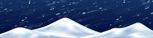 Piles of snow in winter storm png, realistic 3D illustration on transparent background. Windy frosty weather with blurred snowflakes flying in air. Panoramic North Pole landscape. Christmas fairy tale