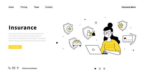 Insurance service doodle landing page. Woman with laptop choose safety policy for health, life, property, family or pets protection, outline icons. Secure assurance Linear vector illustration