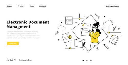 Electronic document management landing page. Data archive organization, office documents and files storage. Vector hand drawn illustration of woman sorts and organizes papers. Doodle icons