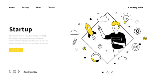 Startup company website doodle template. Successful business home page. Line art illustration of rising rocket and happy smart businessman having idea, motivated for development. Creative idea concept