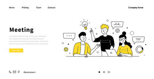 Business event landing page doodle design template. Vector illustration of young team brainstorm meeting. Colleagues sharing creative ideas, working together. Consulting services or coach training
