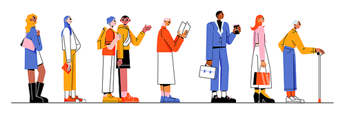Different people stand in queue. Vector flat illustration of side view of multiracial group patiently waiting in line. Queuing girls, businessman with coffee, boys and reading elder woman