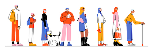 Different people waiting in long queue. Vector flat illustration of multiracial group, adult characters, elder man, boy, student and woman with dog stand in line