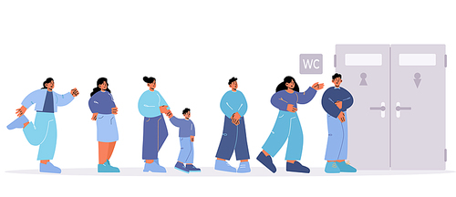Queue to the toilet. People waiting at WC door stand in line. Unhappy male and female characters feel malaise with full bladder or stomach seething in public restroom, Linear flat vector illustration