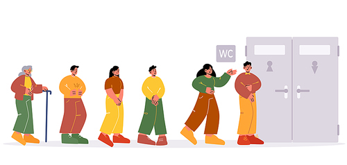 Queue to the toilet. People waiting at WC door stand in line. Unhappy male and female characters feel malaise with full bladder or stomach seething in public restroom, Linear flat vector illustration